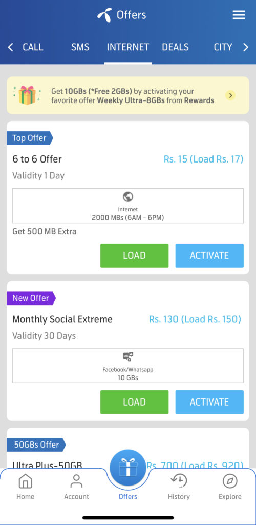 internet packages on my telenor app