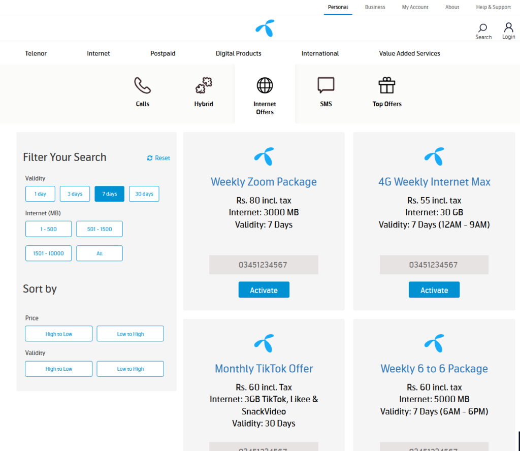 telenor weekly internet package on website